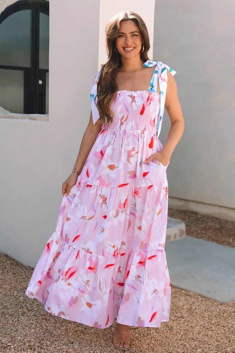 Pink Floral Print Knotted Shoulder Smocked Maxi Dress - Love Salve